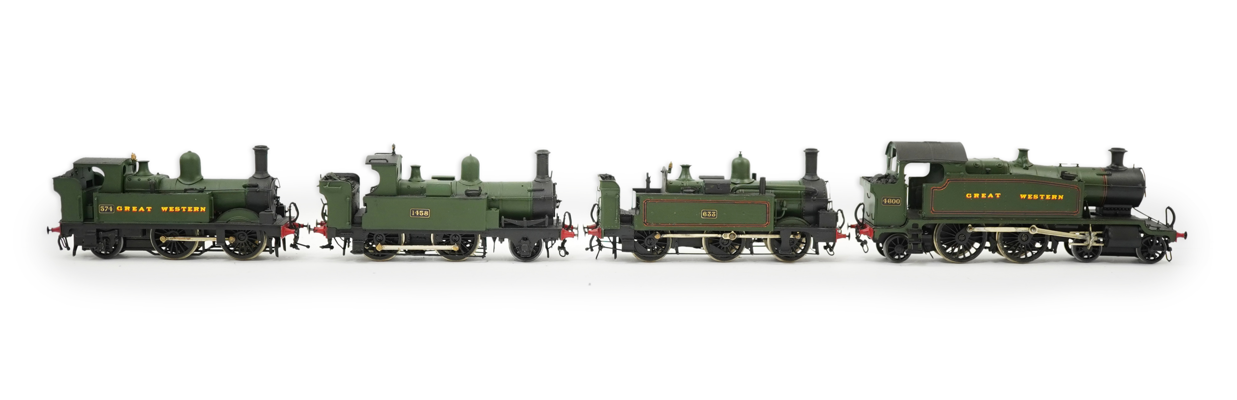 Four 00 gauge kit built GWR tank locomotives, three brass and white metal; a 14xx class 2-4-0T, 1458, together with an 517 class 0-4-2T, 574, and a 633 class 0-4-2T, 633, plus a plastic/resin and metal 46xx class 4-4-2T,